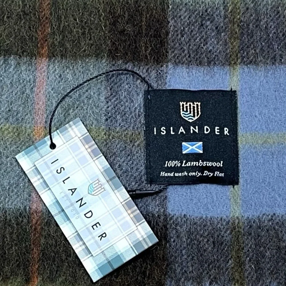 NEW Islander 100% Lambswool Rectangular Fringe Scarf Blue Brown Plaid